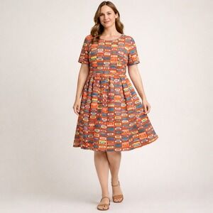 LuLaRoe Amelia Dress XL Cassette Tape Print Fit Flare Pleated Retro Short Sleeve